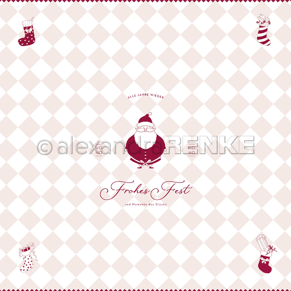 Weihnachtsmann-Illustration mit "Frohes Fest" auf beigem Rautenmuster und Strümpfen - ideales Alexandra Renke-Design für Grußkarten oder festliche Winter-Papierprojekte.