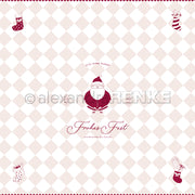 Weihnachtsmann-Illustration mit "Frohes Fest" auf beigem Rautenmuster und Strümpfen - ideales Alexandra Renke-Design für Grußkarten oder festliche Winter-Papierprojekte.