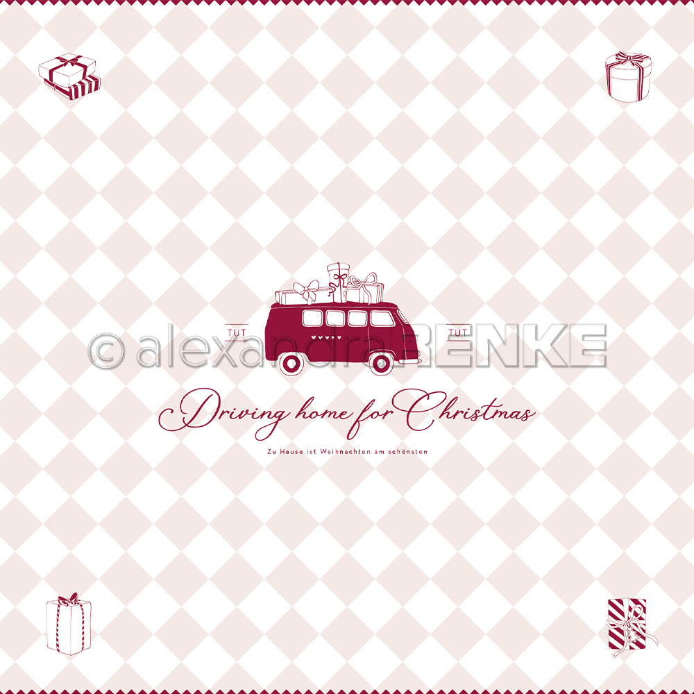 Roter Lieferwagen mit Geschenken auf dem Dach, Text "Driving home for Christmas", diamantförmiger Hintergrund und Geschenksymbole - Alexandra Renke Designpapier ist perfekt für festliche Papierprojekte.