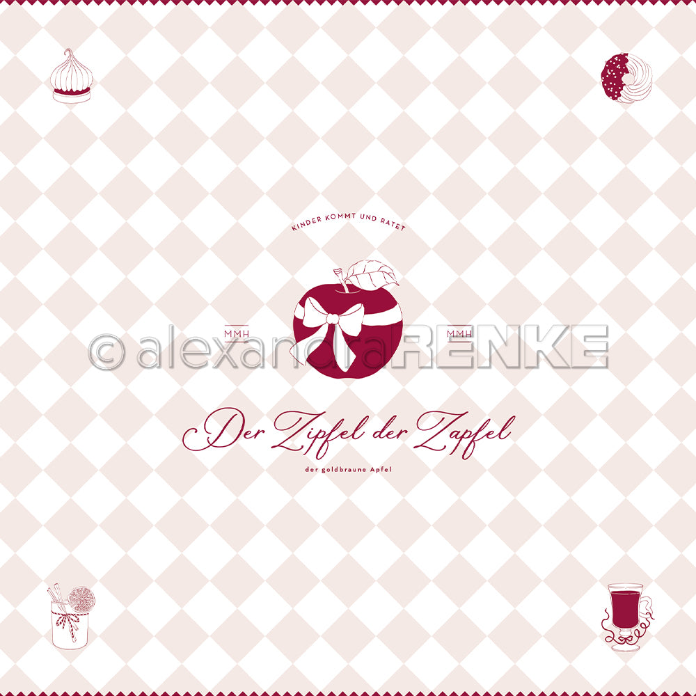 Roter Apfel mit weißer Schleife, zentriert auf einem rautenförmigen Alexandra Renke Designpapier, umgeben von kleinen Dessert-Illustrationen - ideal für kreative Buchbinderei oder Papierprojekte.