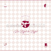 Roter Apfel mit weißer Schleife, zentriert auf einem rautenförmigen Alexandra Renke Designpapier, umgeben von kleinen Dessert-Illustrationen - ideal für kreative Buchbinderei oder Papierprojekte.