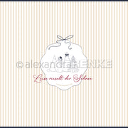 Beige gestreiftes Designpapier von Alexandra Renke mit zwei Schneemännern und einem Baum in einem weißen Rahmen, darunter ein roter Text - ideal für Papierprojekte oder die Buchbinderei.