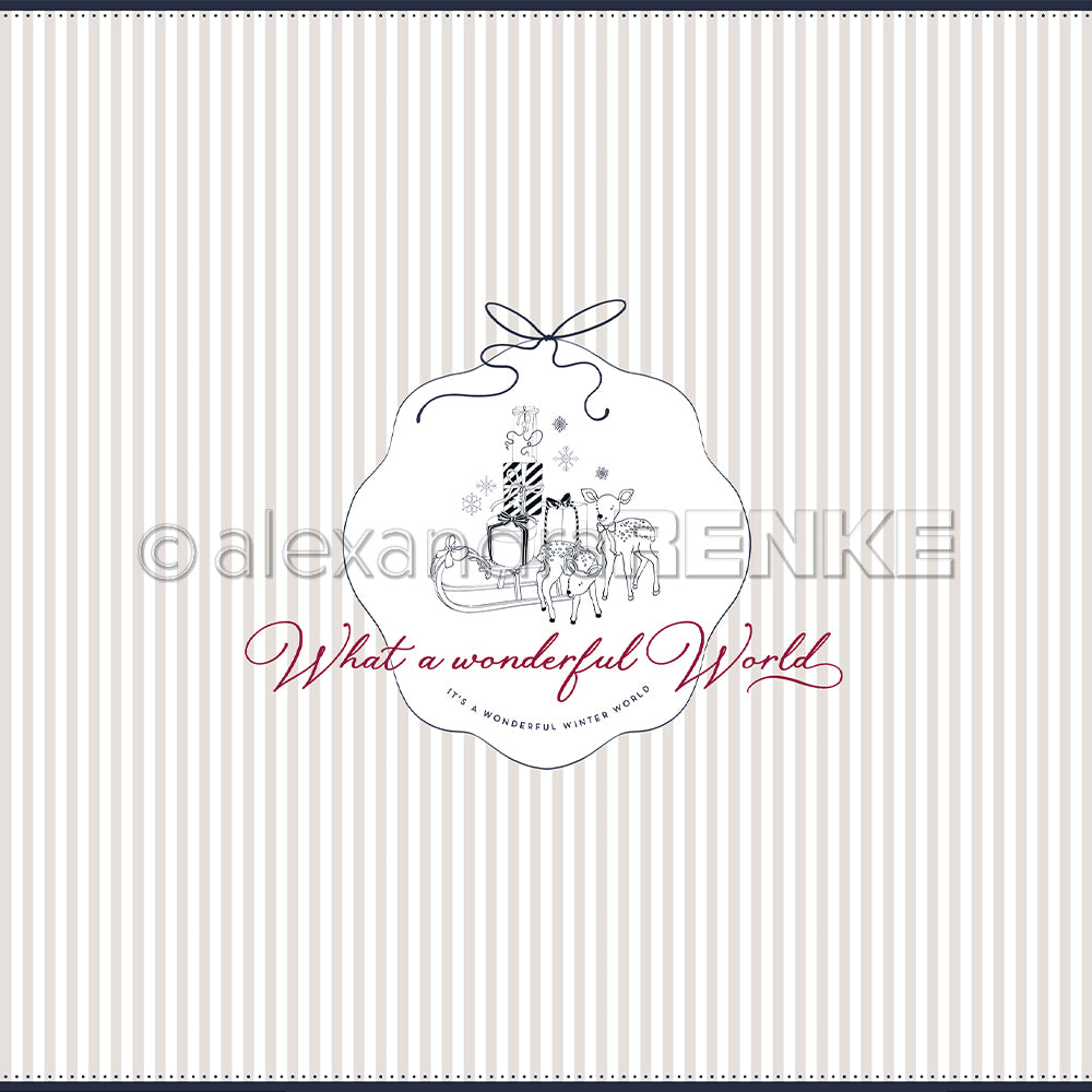 Eine festliche Hirsch- und Baumgrafik mit "What a wonderful World" in roter Schrift von Alexandra Renke, perfekt für Papierprojekte oder charmant für Ihre nächste Designpapier- oder Buchbinderei-Kreation.