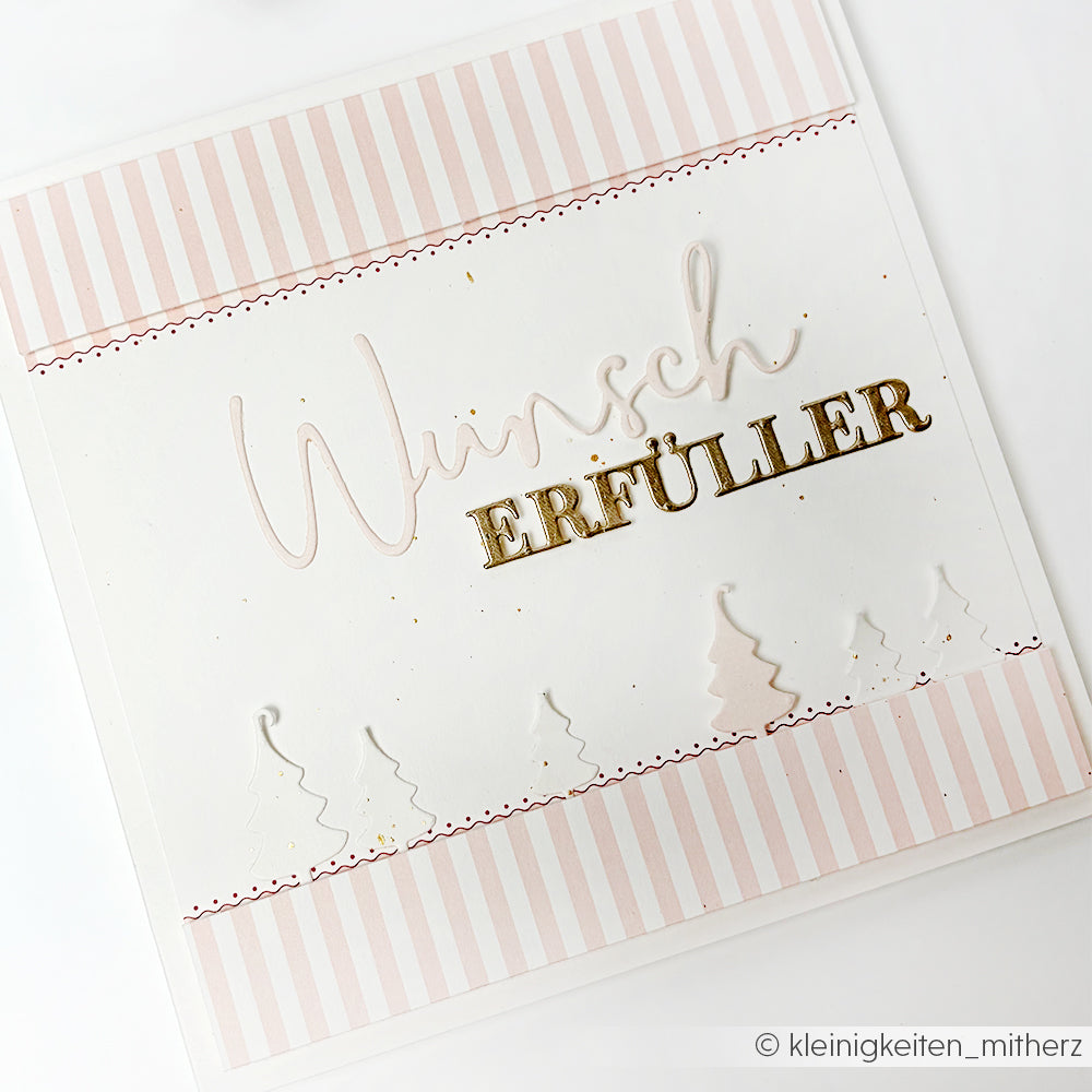 Quadratische Karte von Alexandra Renke mit Rosa Streifen, goldenem ERFÜLLER-Text, heller Wunsch-Schrift und kleinen weißen Baumsilhouetten - perfekt für Papierprojekte oder besondere Designpapier-Basteleien.