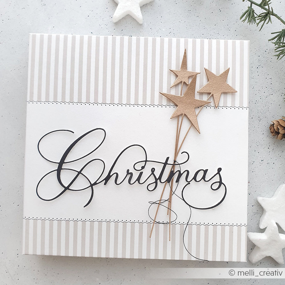 Quadratische Weihnachtskarte von Alexandra Renke aus Designpapier mit gestreiftem Hintergrund, Weihnachtsgruß in Schreibschrift und drei zauberhaften Pappsternen - ideal für festliche Grußkarten oder kreative Papierprojekte.