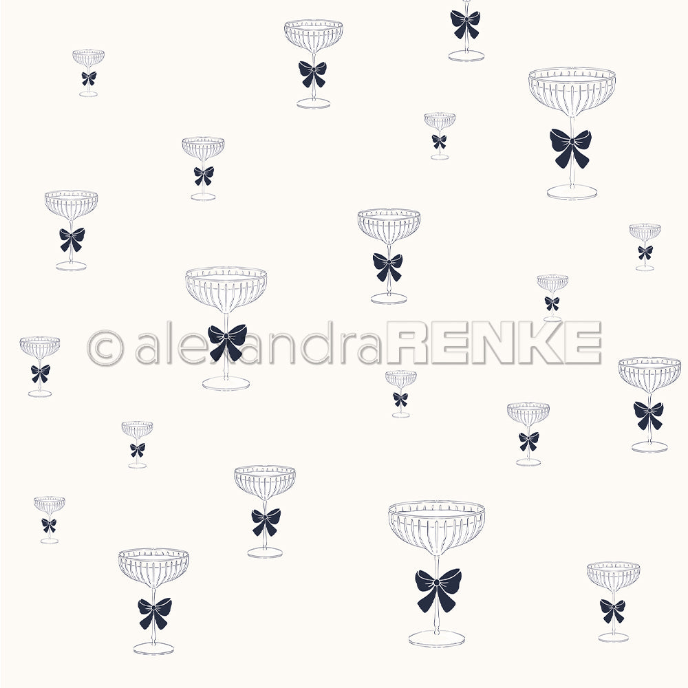 Line Art von Cocktailgläsern mit Schleifen, verstreut auf hellem Hintergrund - perfekt als einzigartiges Designpapier für kreative Buchbinderei oder Papierprojekte von Alexandra Renke.