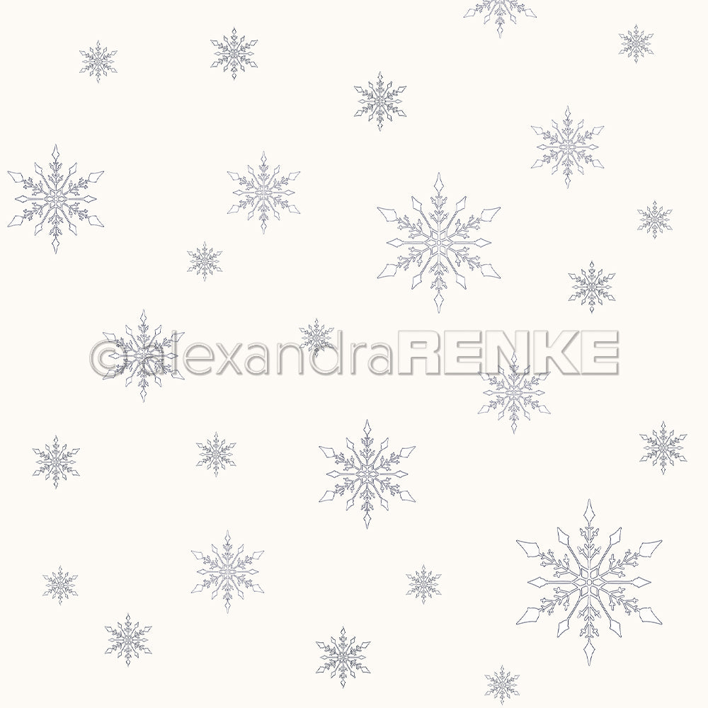 Hellgraue, handgezeichnete Schneeflocken auf Weiß mit einem Wasserzeichen von Alexandra Renke - ideales Designpapier für winterliche Papierbasteleien oder kreative Buchbindeprojekte.