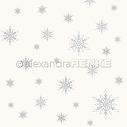 Hellgraue, handgezeichnete Schneeflocken auf Weiß mit einem Wasserzeichen von Alexandra Renke - ideales Designpapier für winterliche Papierbasteleien oder kreative Buchbindeprojekte.