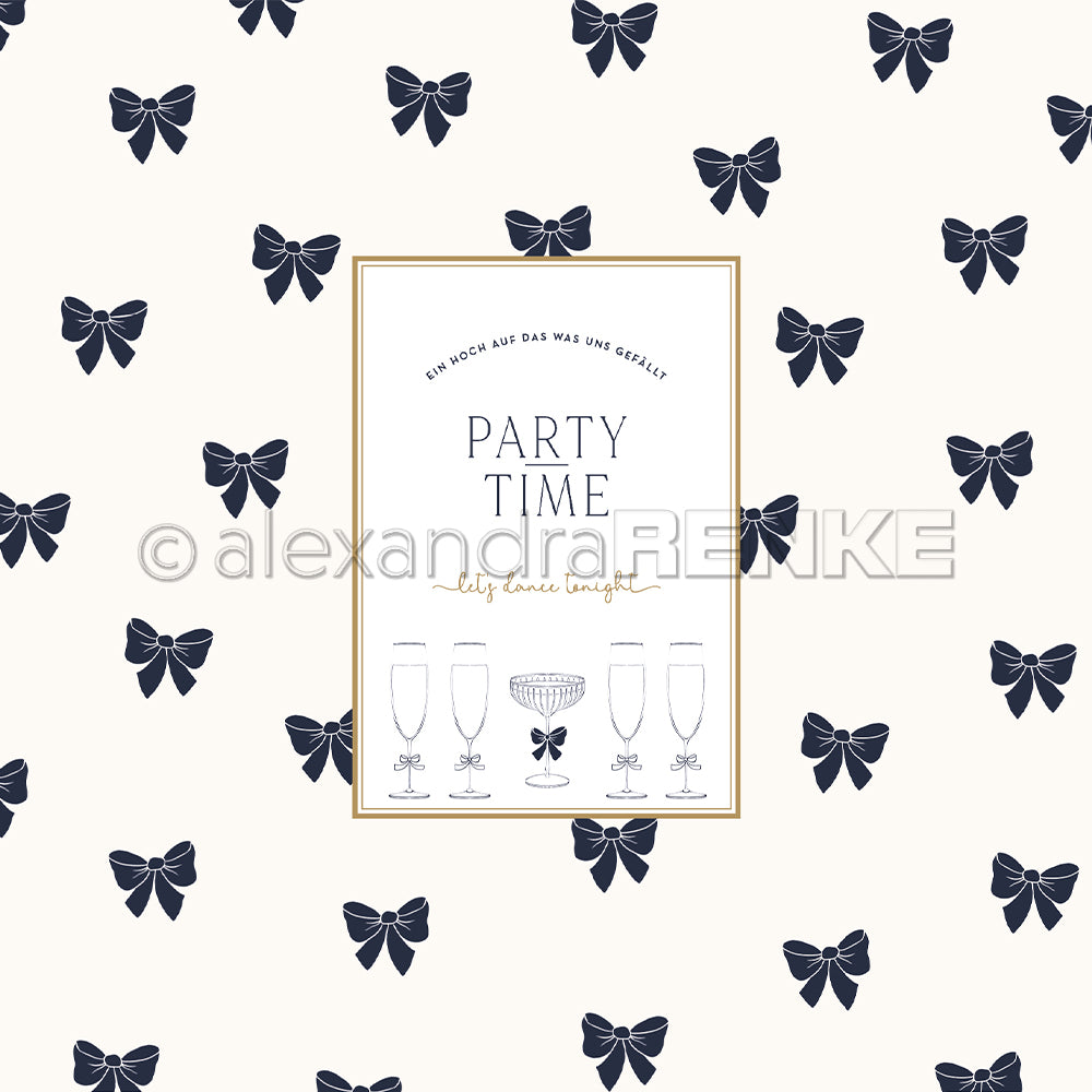 Eine Karte mit dem Text "Party Time", Gläsern und schwarzen Schleifen auf cremefarbenem Designpapier von Alexandra Renke - perfekt für Papierprojekte oder Buchbinderei-Kreationen.