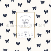 Eine Karte mit dem Text "Party Time", Gläsern und schwarzen Schleifen auf cremefarbenem Designpapier von Alexandra Renke - perfekt für Papierprojekte oder Buchbinderei-Kreationen.