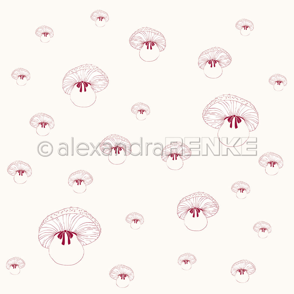 Einfache Strichzeichnungen von Pilzen, gleichmäßig verteilt auf hellem Hintergrund - perfekt für Designpapier oder kreative Papierprojekte wie die Buchbinderei von Alexandra Renke.