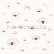 Einfache Strichzeichnungen von Pilzen, gleichmäßig verteilt auf hellem Hintergrund - perfekt für Designpapier oder kreative Papierprojekte wie die Buchbinderei von Alexandra Renke.