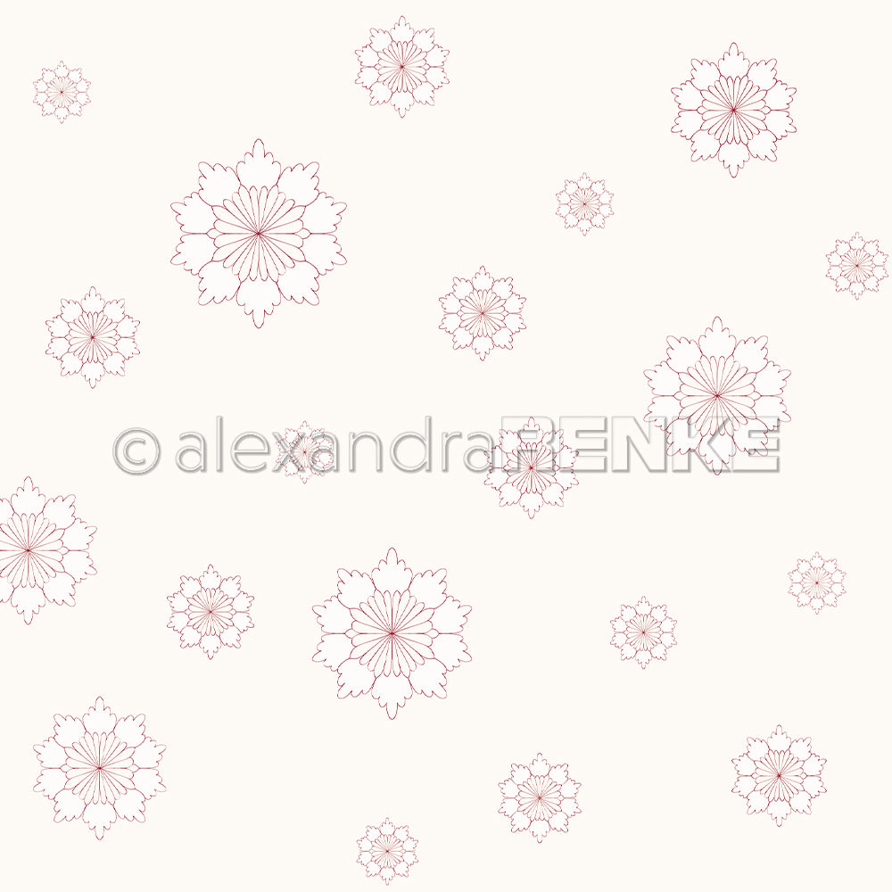 Heller Hintergrund mit verstreuten, zarten roten Blumen-Mandala-Mustern in verschiedenen Größen von Alexandra Renke - ideal für Buchbinderei oder kreative Papierprojekte.
