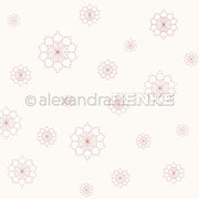 Heller Hintergrund mit verstreuten, zarten roten Blumen-Mandala-Mustern in verschiedenen Größen von Alexandra Renke - ideal für Buchbinderei oder kreative Papierprojekte.