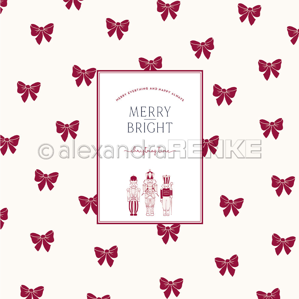 Rotes Schleifenmuster mit einem zentralen Feld mit der Aufschrift "Merry Bright" über Nussknackerfiguren - ein Alexandra Renke Designpapier, perfekt für Papierprojekte oder festliche Buchbinderei.