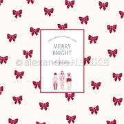 Rotes Schleifenmuster mit einem zentralen Feld mit der Aufschrift "Merry Bright" über Nussknackerfiguren - ein Alexandra Renke Designpapier, perfekt für Papierprojekte oder festliche Buchbinderei.