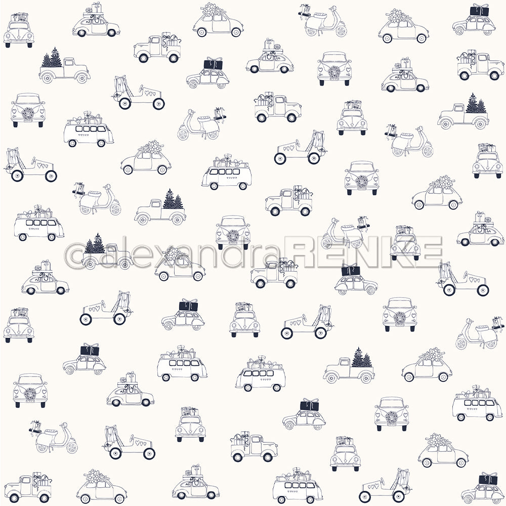 Alexandra Renke's handgezeichnete Autos, Motorräder und Roller mit Geschenken, Bäumen und Fahrrädern auf weißem Designpapier sind ideale Weihnachtsautos für Papierprojekte oder festliche Grußkarten.