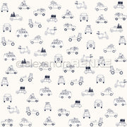 Alexandra Renke's handgezeichnete Autos, Motorräder und Roller mit Geschenken, Bäumen und Fahrrädern auf weißem Designpapier sind ideale Weihnachtsautos für Papierprojekte oder festliche Grußkarten.