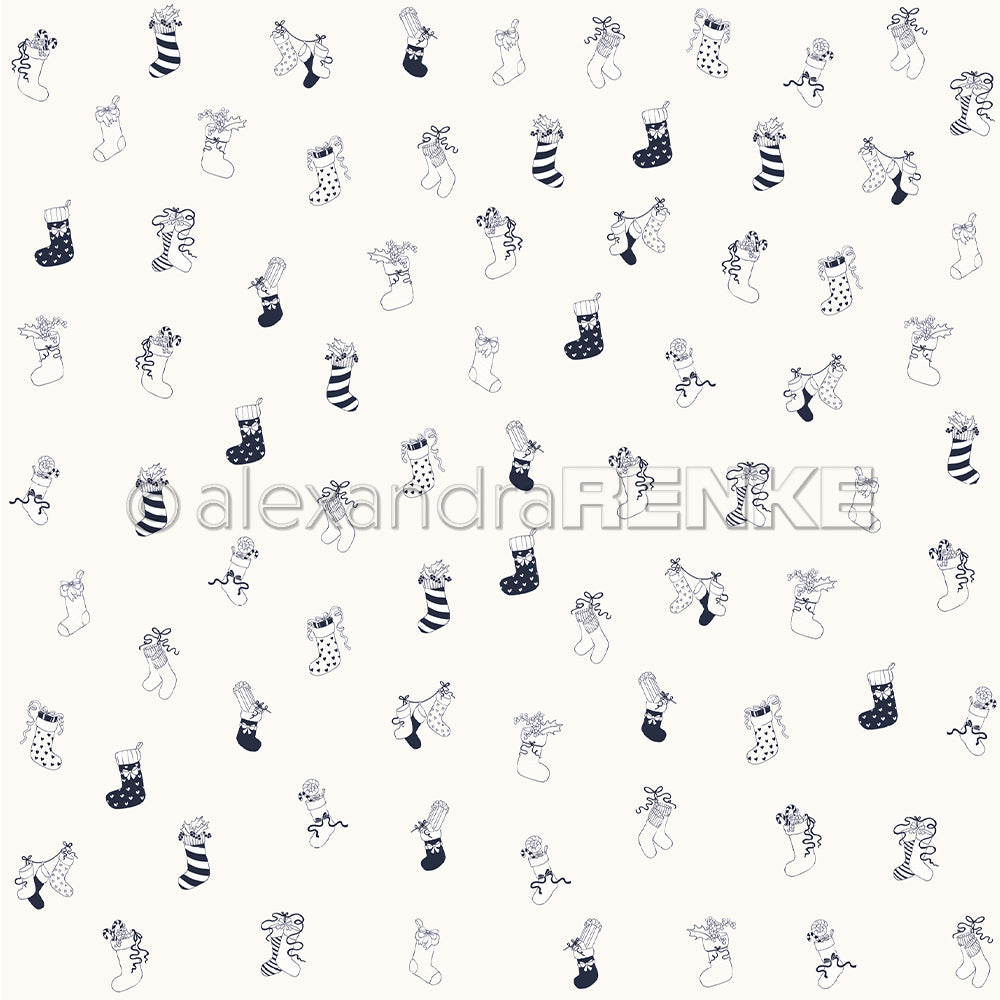 Schwarz-weiße Weihnachtssocken und Rentierköpfe auf hellem Hintergrund - ideal für Papierprojekte mit Alexandra Renke Designpapier.
