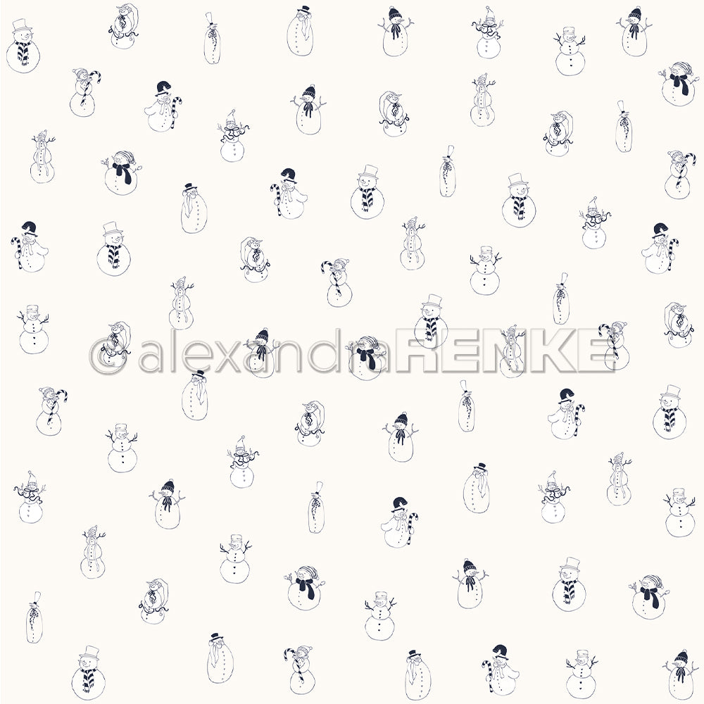Ein Muster aus kleinen, handgezeichneten Schneemännern mit verschiedenen Hüten und Accessoires auf weißem Designpapier von Alexandra Renke - ideal für winterliche Bastel- und Papierprojekte.