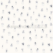 Ein Muster aus kleinen, handgezeichneten Schneemännern mit verschiedenen Hüten und Accessoires auf weißem Designpapier von Alexandra Renke - ideal für winterliche Bastel- und Papierprojekte.