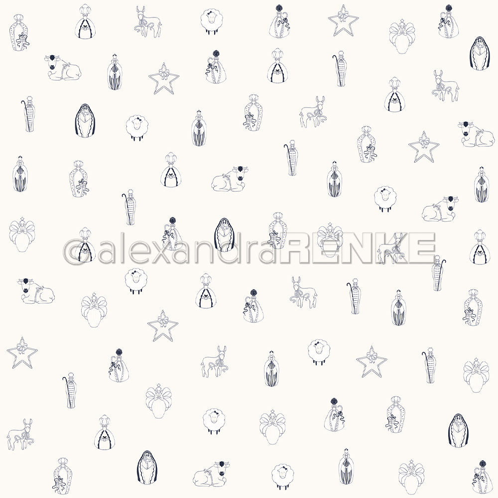 Einfache handgezeichnete Krippenfiguren bilden ein charmantes Designpapier von Alexandra Renke mit einem sich wiederholenden Muster auf hellem Hintergrund - ideal für festliche Papierprojekte.