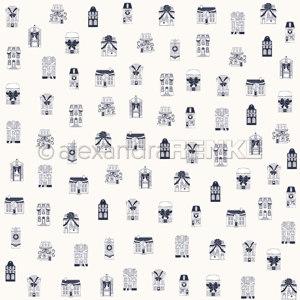 Ein nahtloses Muster aus kleinen, illustrierten Häusern und Gebäuden in Marineblau auf hellem Hintergrund - perfektes Designpapier für Buchbinderei oder charmante Papierprojekte von Alexandra Renke.