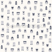 Ein nahtloses Muster aus kleinen, illustrierten Häusern und Gebäuden in Marineblau auf hellem Hintergrund - perfektes Designpapier für Buchbinderei oder charmante Papierprojekte von Alexandra Renke.