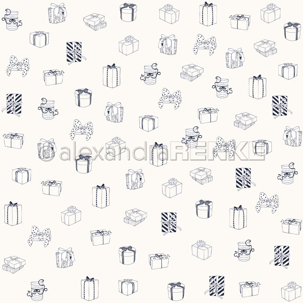 Handgezeichnetes Muster aus verschiedenen Geschenkschachteln und Schleifen auf hellem Hintergrund von Alexandra Renke - ideal für Grußkarten oder Designpapier bei Ihren nächsten Papierprojekten.