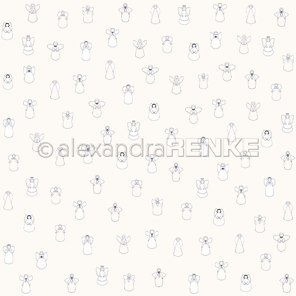 Dieses Designpapier von Alexandra Renke zeigt ein Muster mit Engeln - schlichte, handgezeichnete Engel in gleichmäßigen Abständen auf weißem Grund, ideal für alle Ihre Papierprojekte.