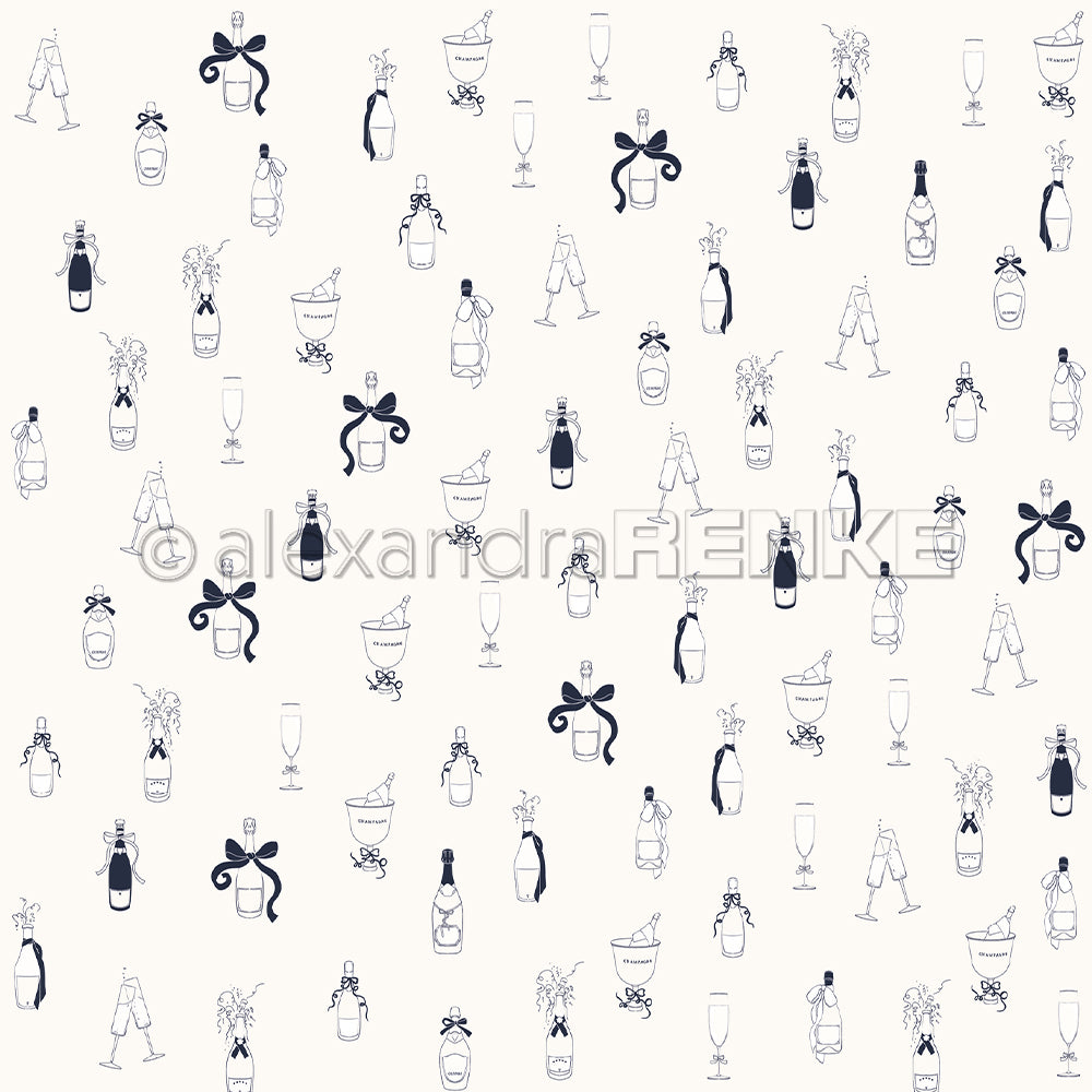 Alexandra Renke Designpapier mit elegantem Champagner-Muster: Schwarze und weiße Zeichnungen von Flaschen, Gläsern, Eiskübeln und Schleifen auf hellem Hintergrund. Ideal für stilvolle Bastelideen!.