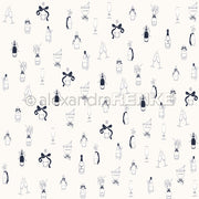 Alexandra Renke Designpapier mit elegantem Champagner-Muster: Schwarze und weiße Zeichnungen von Flaschen, Gläsern, Eiskübeln und Schleifen auf hellem Hintergrund. Ideal für stilvolle Bastelideen!.