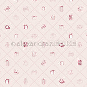 Gemusterter Hintergrund von Alexandra Renke mit Geschenken, Lebkuchen, Zuckerstangen und Schaukelpferden auf einem hellen Gitter - ideales Designpapier für Papierprojekte oder kreative Buchbinderei.