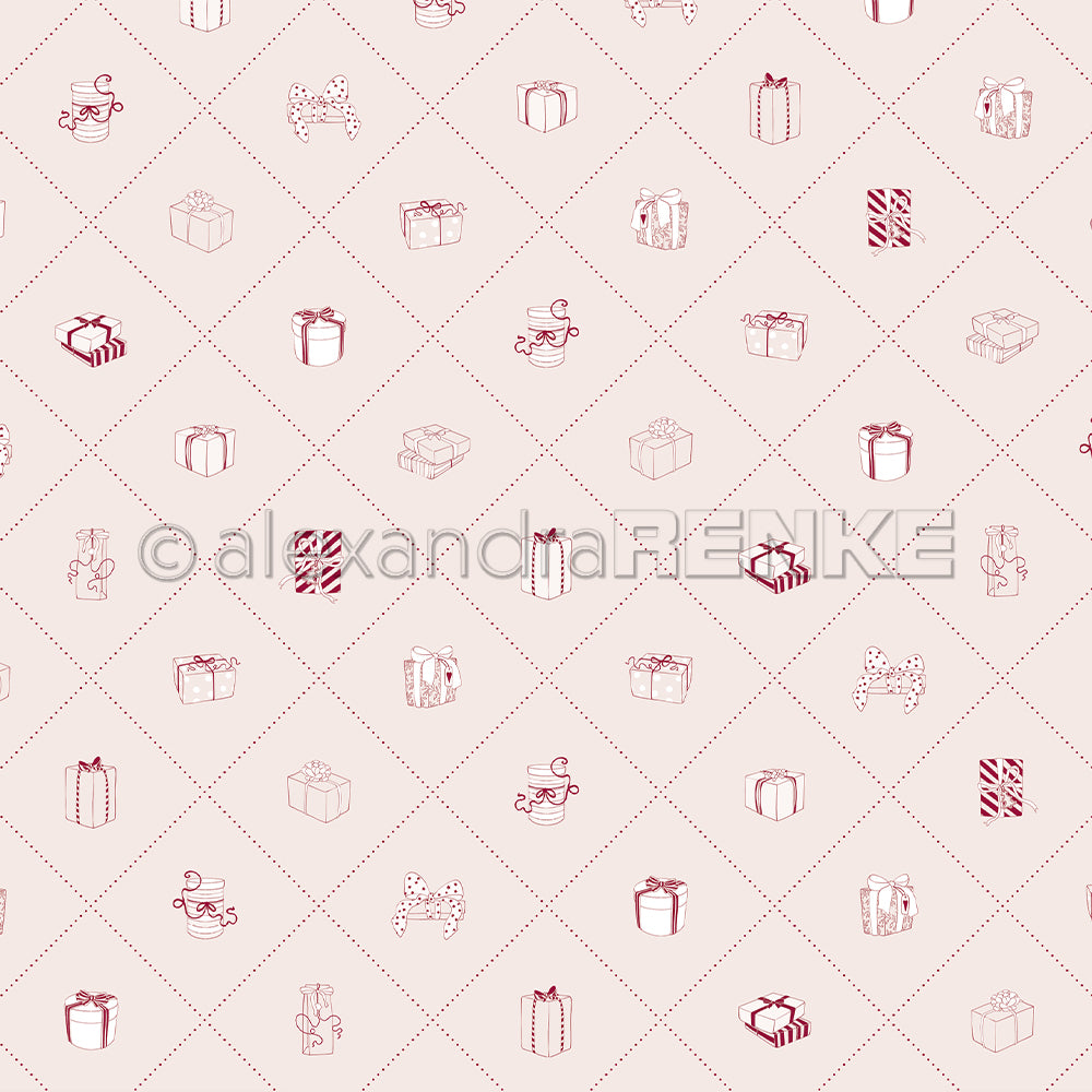 Gemusterter Hintergrund von Alexandra Renke mit Geschenken, Lebkuchen, Zuckerstangen und Schaukelpferden auf einem hellen Gitter - ideales Designpapier für Papierprojekte oder kreative Buchbinderei.