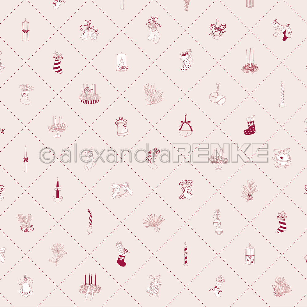 Gemustertes Raster von Alexandra Renke mit weihnachtlichen Strichzeichnungen - Strümpfe, Kerzen, Schleifen, Pflanzen, Engel und Geschenke - ideal für Designpapier oder kreative Papierprojekte wie Grußkarten.