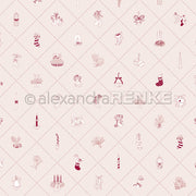 Gemustertes Raster von Alexandra Renke mit weihnachtlichen Strichzeichnungen - Strümpfe, Kerzen, Schleifen, Pflanzen, Engel und Geschenke - ideal für Designpapier oder kreative Papierprojekte wie Grußkarten.