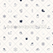 Strichzeichnungen von Winterartikeln - Schlittschuhe, Fäustlinge, Mützen, Handschuhe und Schneeflocken - auf weiß gemustertem Alexandra Renke Designpapier. Ideal für Grußkarten oder einzigartige Papierprojekte.
