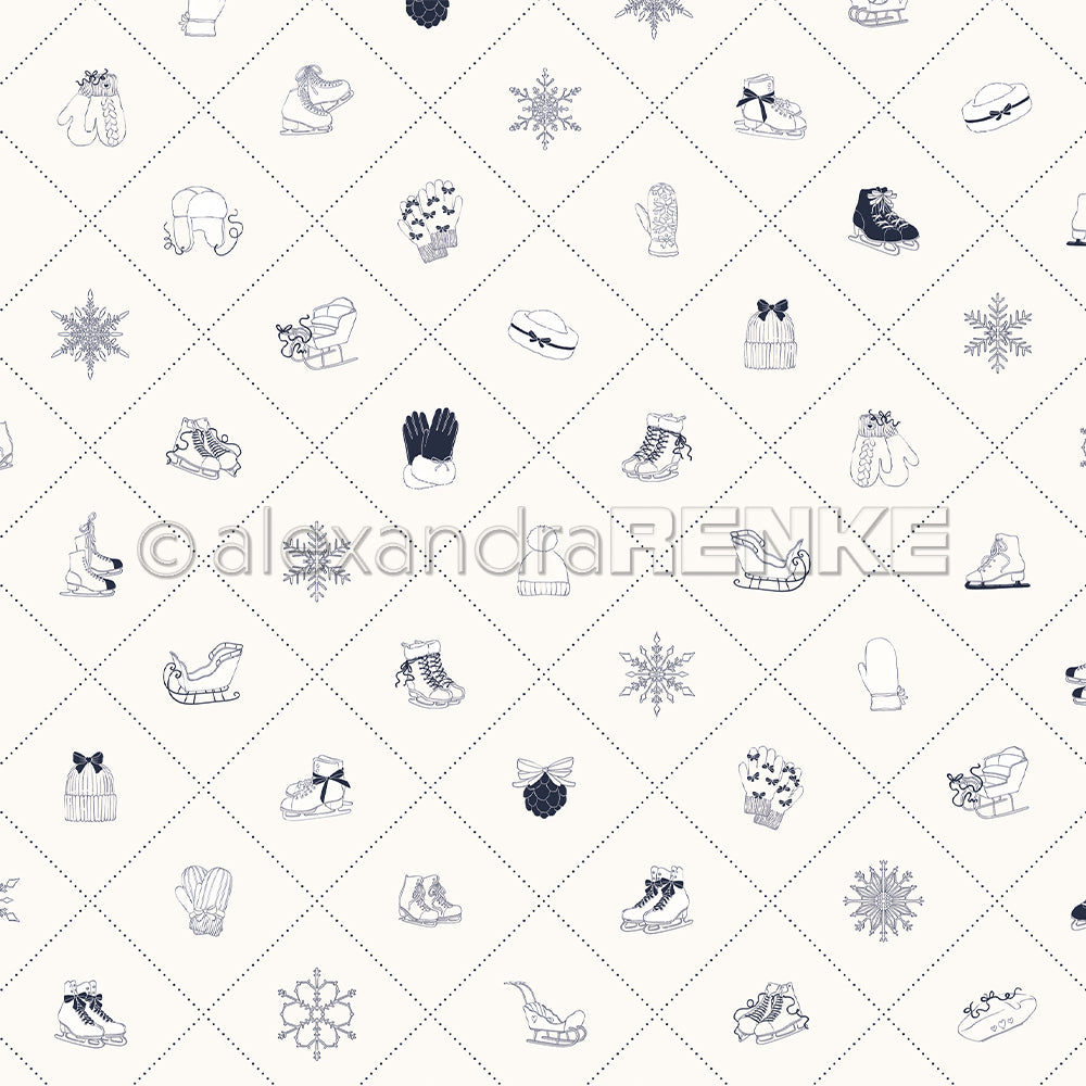 Strichzeichnungen von Winterartikeln - Schlittschuhe, Fäustlinge, Mützen, Handschuhe und Schneeflocken - auf weiß gemustertem Alexandra Renke Designpapier. Ideal für Grußkarten oder einzigartige Papierprojekte.