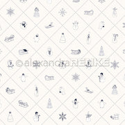 Nahtloses Muster aus skizzierten Schneemännern, Schlitten, Bäumen & Schneeflocken auf einem leichten Rautenraster von Alexandra Renke - perfektes Designpapier Winterwald für Buchbinderei oder einzigartige Papierprojekte.