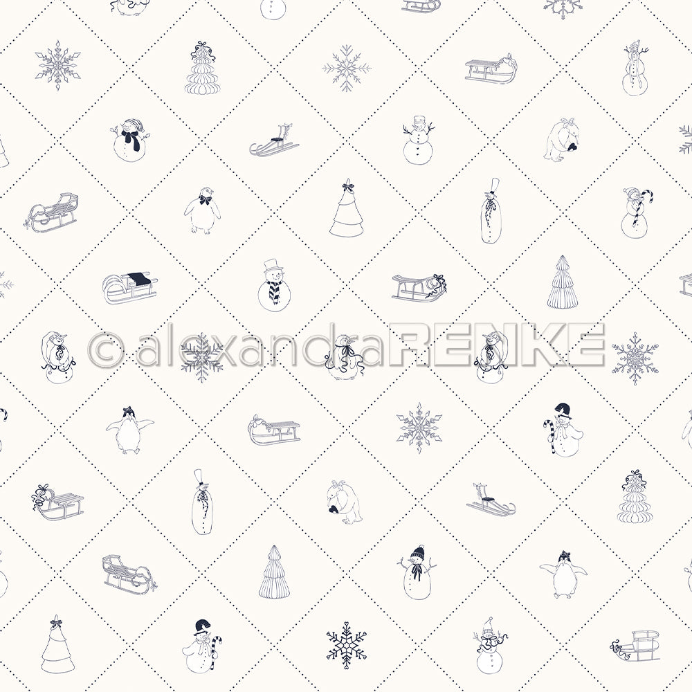 Nahtloses Muster aus skizzierten Schneemännern, Schlitten, Bäumen & Schneeflocken auf einem leichten Rautenraster von Alexandra Renke - perfektes Designpapier Winterwald für Buchbinderei oder einzigartige Papierprojekte.