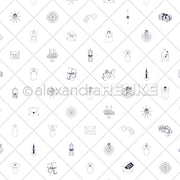 Nahtloses Muster mit handgezeichneten Weihnachtssymbolen - Kerzen, Sterne, Engel und Geschenke - auf Weiß. Perfekt für die Adventszeit oder festliche Bastelarbeiten mit Alexandra Renke Designpapier.