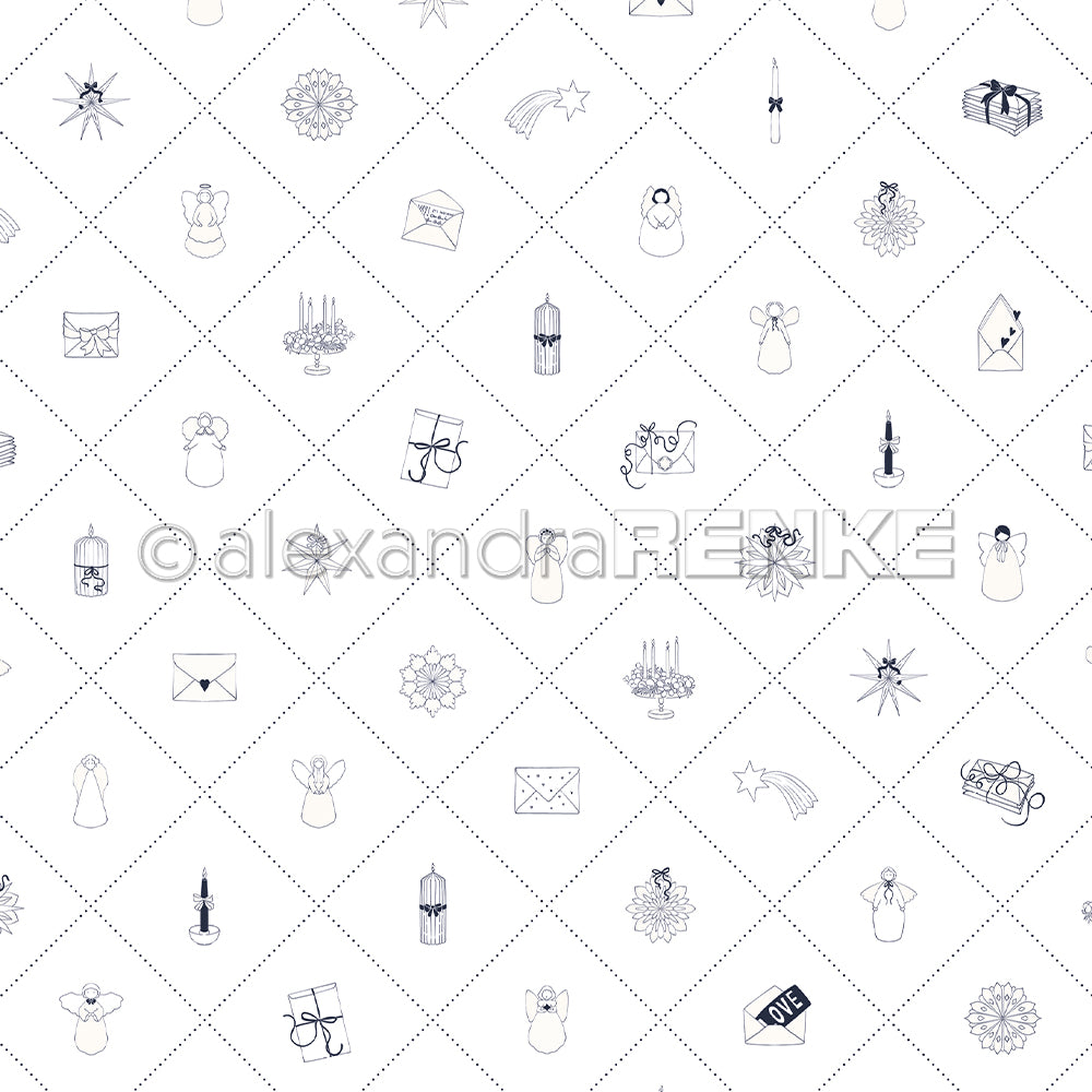 Nahtloses Muster mit handgezeichneten Weihnachtssymbolen - Kerzen, Sterne, Engel und Geschenke - auf Weiß. Perfekt für die Adventszeit oder festliche Bastelarbeiten mit Alexandra Renke Designpapier.