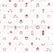 Muster aus roten Weihnachtssymbolen - Autos, Kränze, Geschenke, Bäume, Häuser - auf einem weißen Gitterhintergrund. Perfektes Bastelpapier Weihnachten von Alexandra Renke für festliche Papierprojekte.