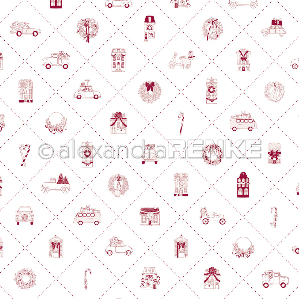 Muster aus roten Weihnachtssymbolen - Autos, Kränze, Geschenke, Bäume, Häuser - auf einem weißen Gitterhintergrund. Perfektes Bastelpapier Weihnachten von Alexandra Renke für festliche Papierprojekte.