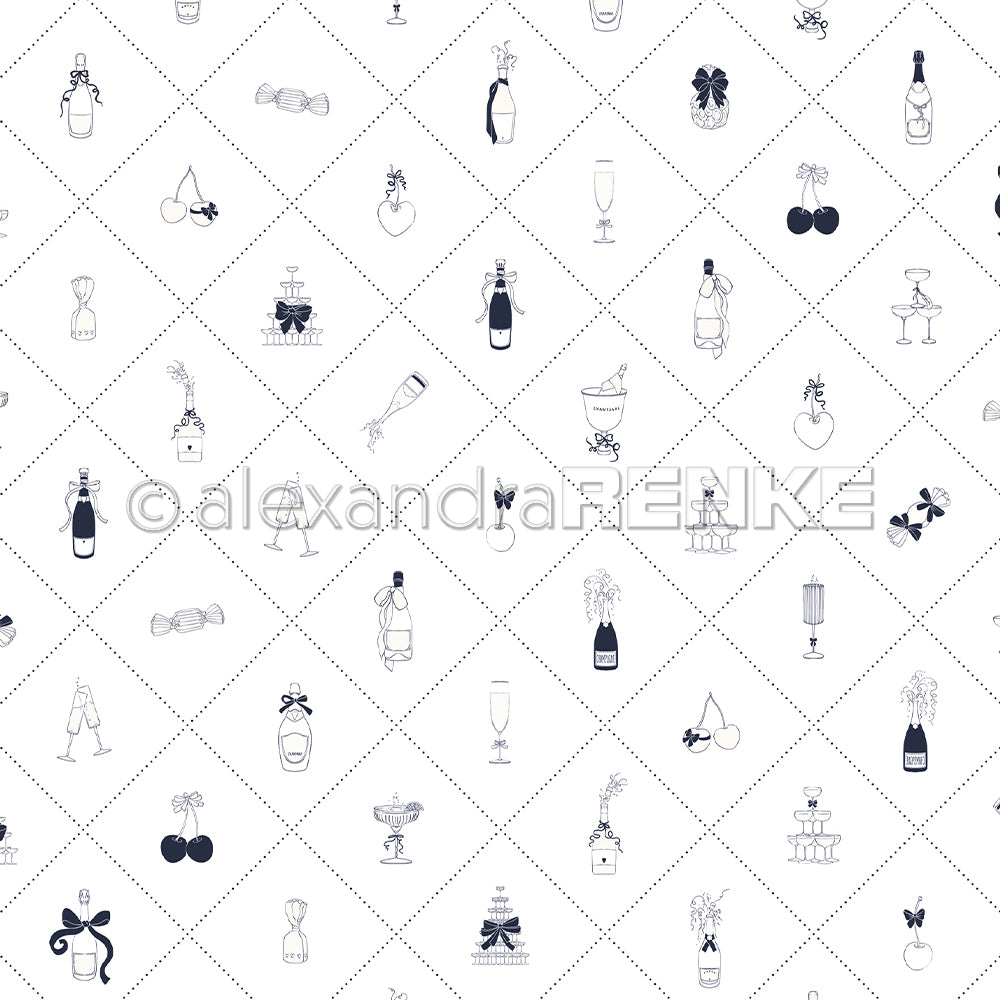 Nahtloses Rautengittermuster mit handgezeichneten Getränken, Flaschen, Gläsern und Kirschen auf Weiß - perfektes Alexandra Renke Designpapier für Papierprojekte oder kreative Buchbinderei.