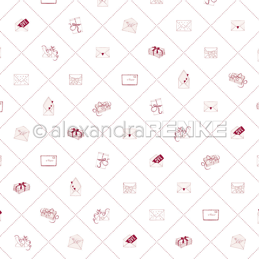 Rot und beige umrandete Briefumschläge, Briefe und Pakete auf weißem, gitterförmigem Hintergrund - dieses Designpapier von Alexandra Renke ist ideal für Papierprojekte wie Grußkarten.