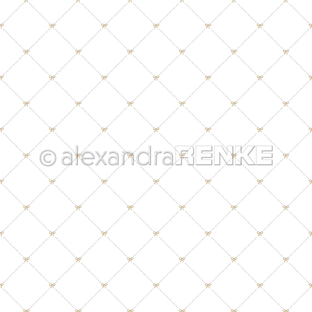 Weißer Hintergrund mit einem zarten goldenen Rautenraster und kleinen gepunkteten Kreuzungen - Alexandra Renke Designpapier, ideal für Papierprojekte oder einen dezenten Karoraster-Schleifen-Touch in Ihrem Handwerk.