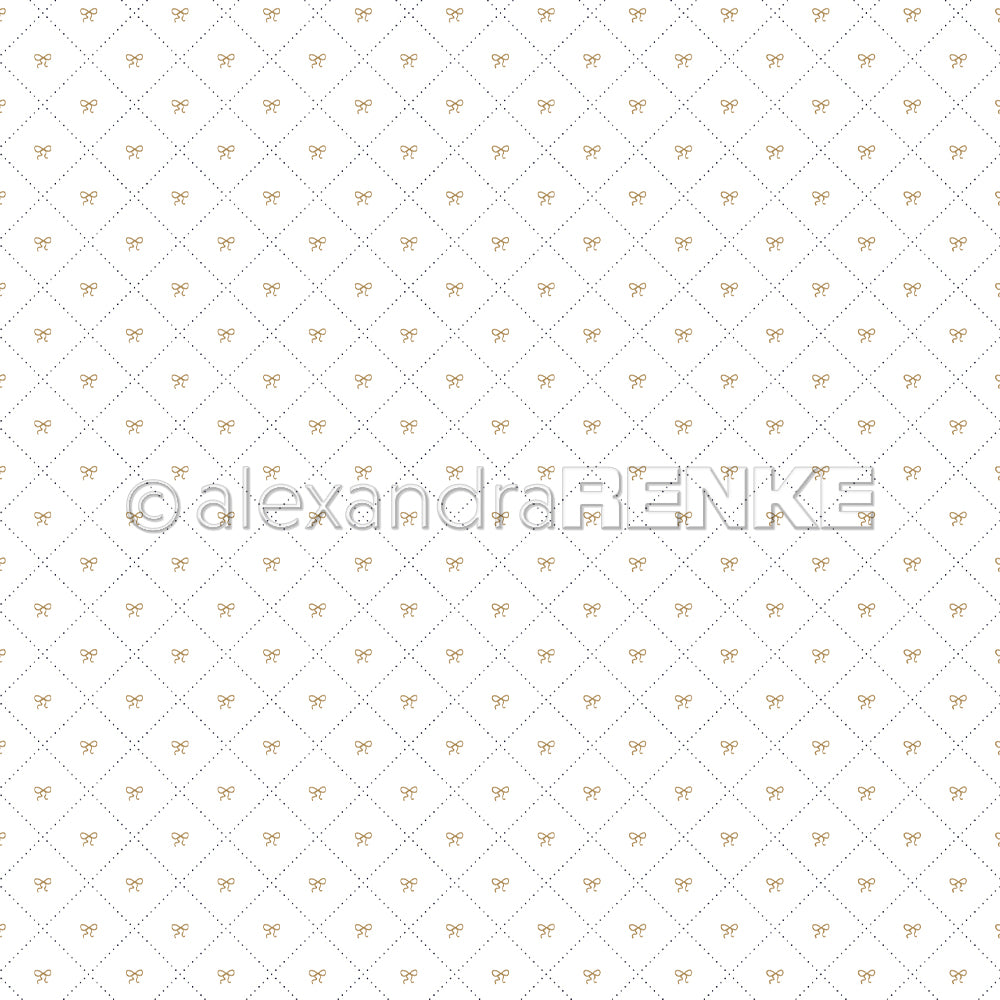 Weißer Hintergrund mit einem Rautenraster und kleinen goldenen Schleifen an jedem Schnittpunkt - das perfekte Alexandra Renke Designpapier für Buchbindearbeiten oder elegante Papierprojekte.