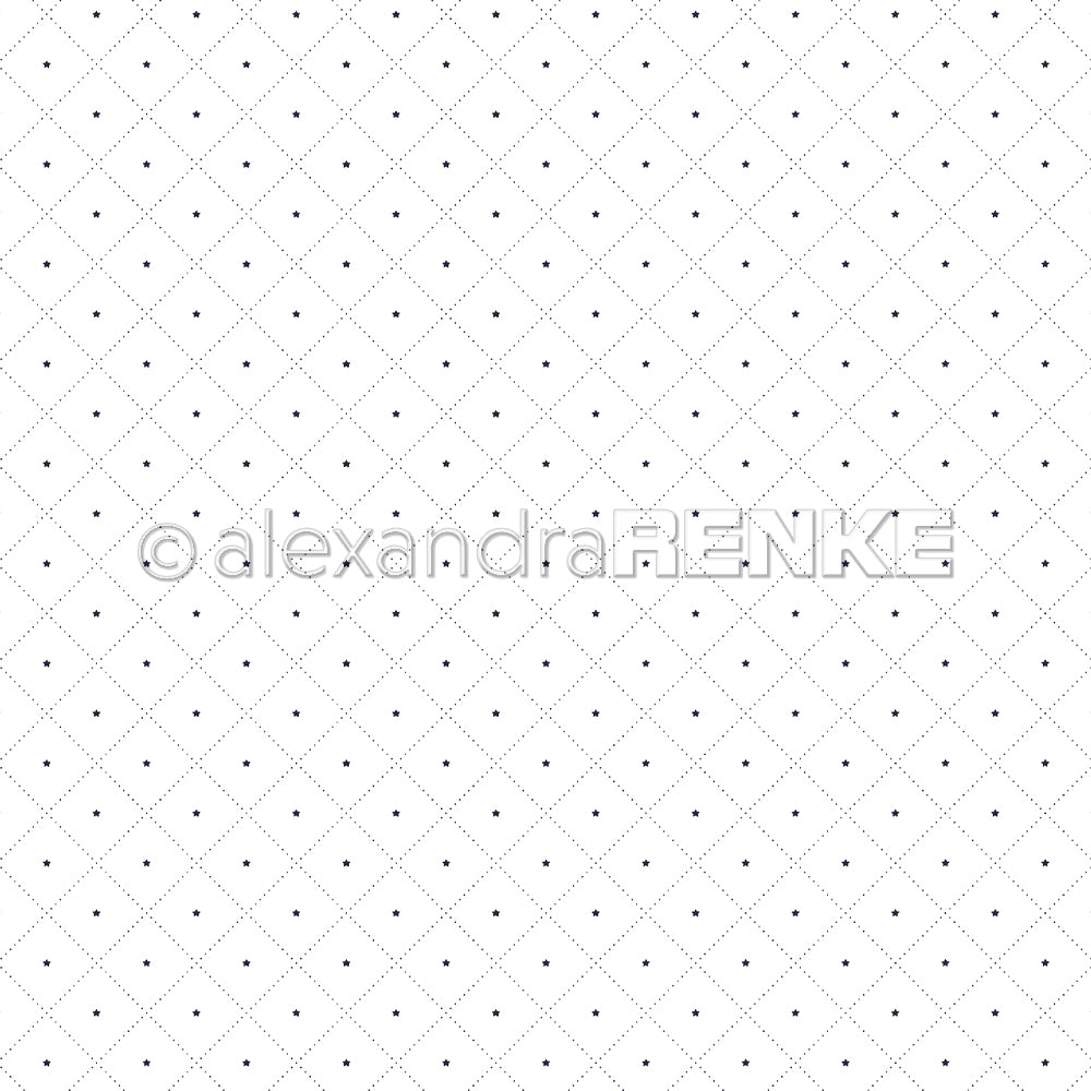 Alexandra Renke Designpapier zeigt einen weißen Hintergrund mit kleinen schwarzen Punkten in einem Rautenraster, das von gepunkteten Linien durchschnitten wird - perfekt für Papierprojekte oder Layouts mit Karoraster Sterne klein.