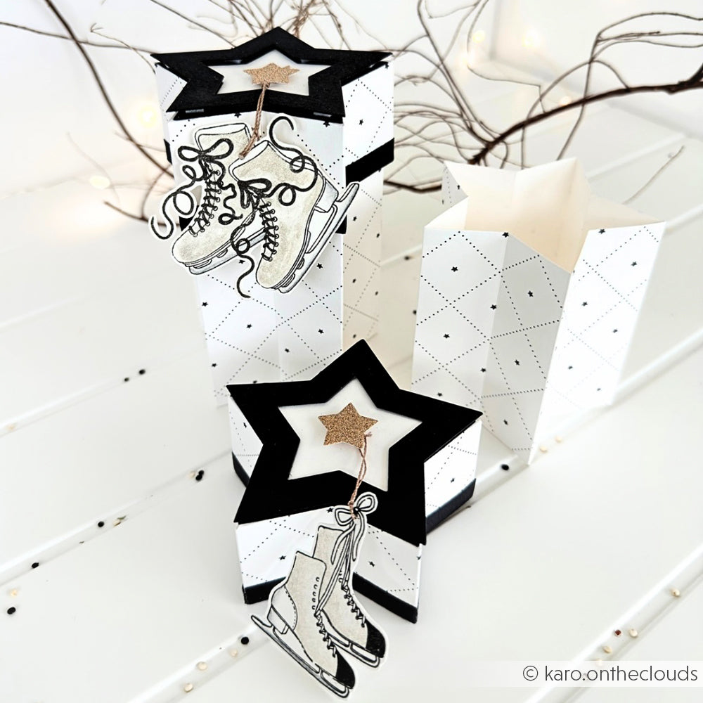 Schwarz-weiße sternförmige Geschenkboxen mit Schlittschuh-Dekor, gefertigt aus Designpapier von Alexandra Renke, auf weißem Untergrund mit Zweigen - ideal für winterliche Papierprojekte und kreative Buchbinderei-Ideen.